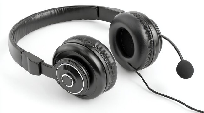 Black over-ear headphones with attached microphone, angled slightly, showcasing cushioned earcups and adjustable headband against a white backdrop