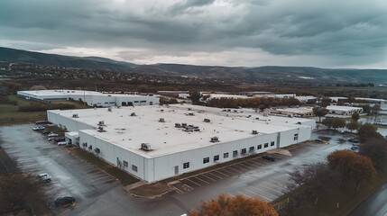 Aerial View of Industrial Warehouses Surrounded by Hills and Trees