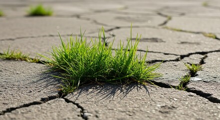 Resilient grass emerging from cracks in aged concrete pavement symbolizes nature's tenacity