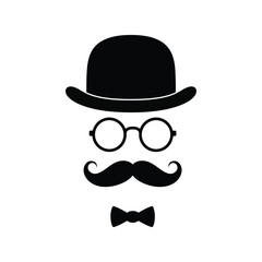 Stylish Gentleman Face Mask, Bowler Hat, Monocle, Moustache, and Bow Tie Icon