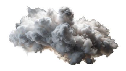 A dense, swirling cloud of gray and white smoke isolated on a transparent background, representing an abstract concept of energy or an explosion
