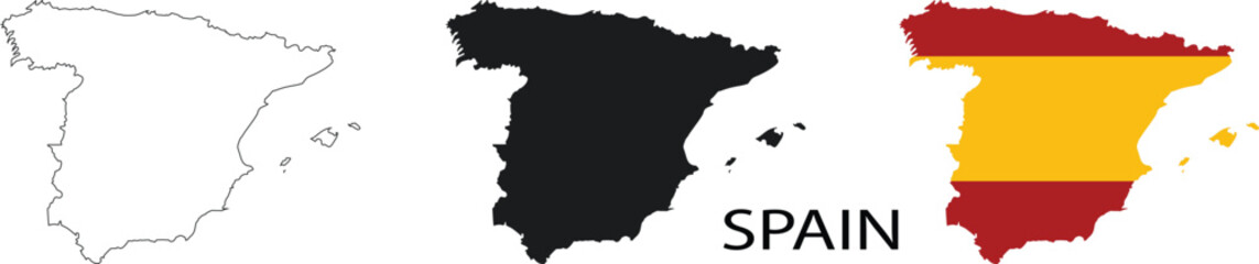 Set of Spain maps in outline, solid silhouette, and national flag design. Perfect for geography, travel, and cultural projects. High-quality vector collection for versatile creative use.
