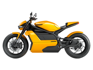 Striking yellow electric motorcycle with a sleek modern design showcasing its powerful frame and advanced technology isolated on transparent background