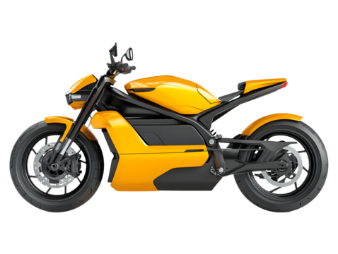 Striking yellow electric motorcycle with a sleek modern design showcasing its powerful frame and advanced technology isolated on transparent background