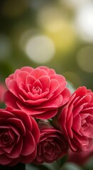 Vibrant scarlet camellias blossom amid luminous greenery, capturing nature's exquisite artistry