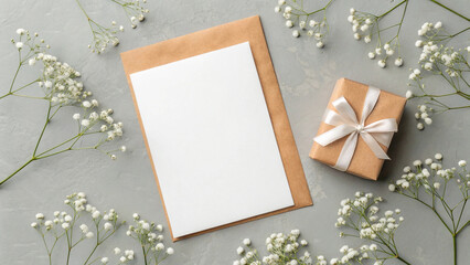 Blank Greeting Card with Envelope Mockup – Paper, Stationery, Invitation, Wedding, Business, Corporate, Message, Minimal, Card, Decorative, Copy, White, Blank, Elegant, Celebration, Mockup, Template

