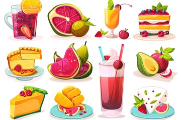 Vibrant Fruit Cocktails, Cakes, and Fresh Fruit Slices: Cartoon Style Illustrations
