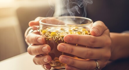 Warm chamomile tea embraced by hands offering a soothing and aromatic experience