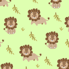 green backround seamless pattern vector cartoon of lions for kids apparel fabric fullprint