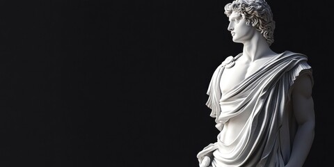 Marble statue of Greek god Apollo on a black background- generated by AI.