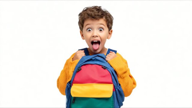 Excited child with colorful backpack expressing surprise and joy during fun learning activity in studio setting
