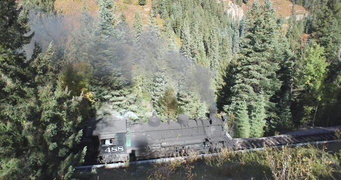 Looking Down at Steam Locomotive Train Cumbres and Toltec in the Fall