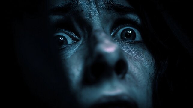 Fearful expression captured in dim light revealing intense emotions during a suspenseful moment in a dramatic setting