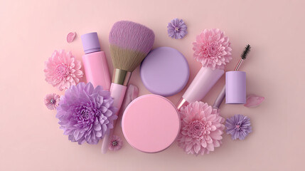 Pink and Lavender Cosmetic Set Arranged Aesthetically on Transparent Background

