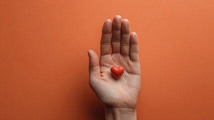 Naklejka premium Red heart resting in an open hand against a vibrant orange backdrop, symbolizing love and connection in a meaningful moment of sharing affection