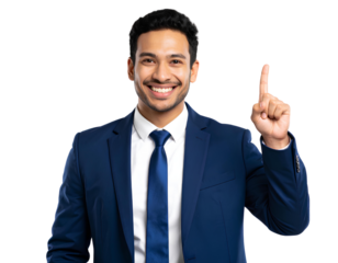 Man Smiling and Pointing Confidently, Dressed Smartly Against isolated on a transparent background.