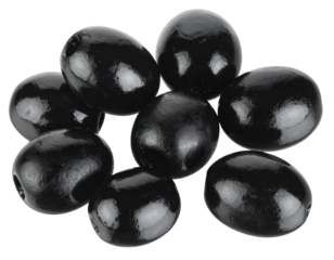 Scattered Black Olives with Loose Leaves, Top-Down Layout, isolated on transparent background png