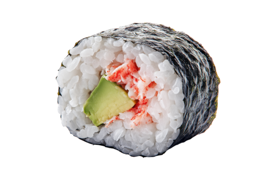 Delicious california roll sushi with avocado and imitation crab meat on a black background