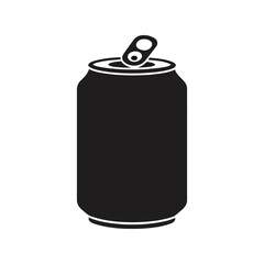 Aluminum soda can black silhouette icon, refreshing drink, beverage container, packaging, isolated vector illustration