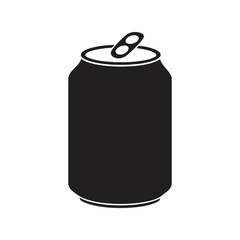 Aluminum soda can black silhouette icon, refreshing drink, beverage container, packaging, isolated vector illustration