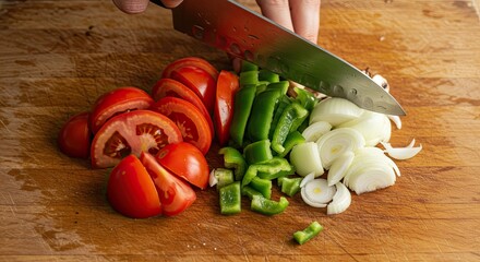 Hands Expertly Chopping Vibrant Red Tomatoes, Green Bell Peppers, and White Onions on a Rustic Wooden Cutting Board