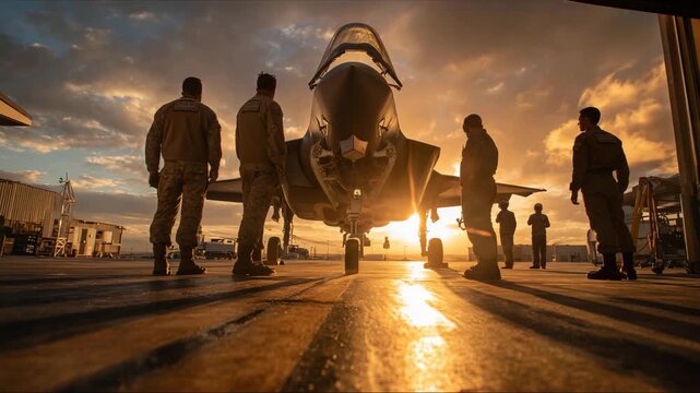 Military personnel prepare for operations at sunset with an advanced fighter jet in the background creating a dramatic silhouette near the base