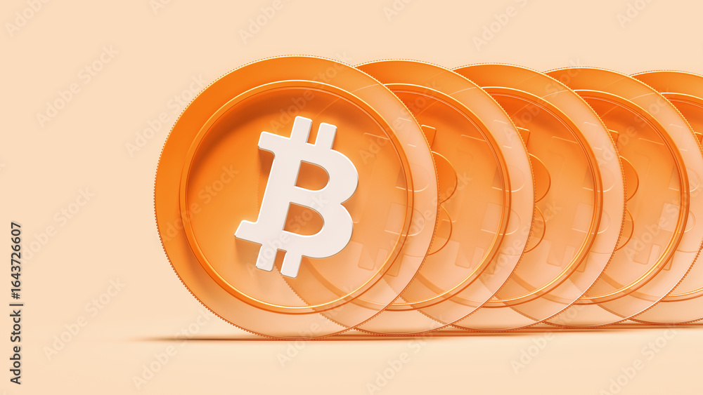 Poster bitcoin cryptocurrency tokens simulating an horizontal displacement effect. high-resolution 3d rende
