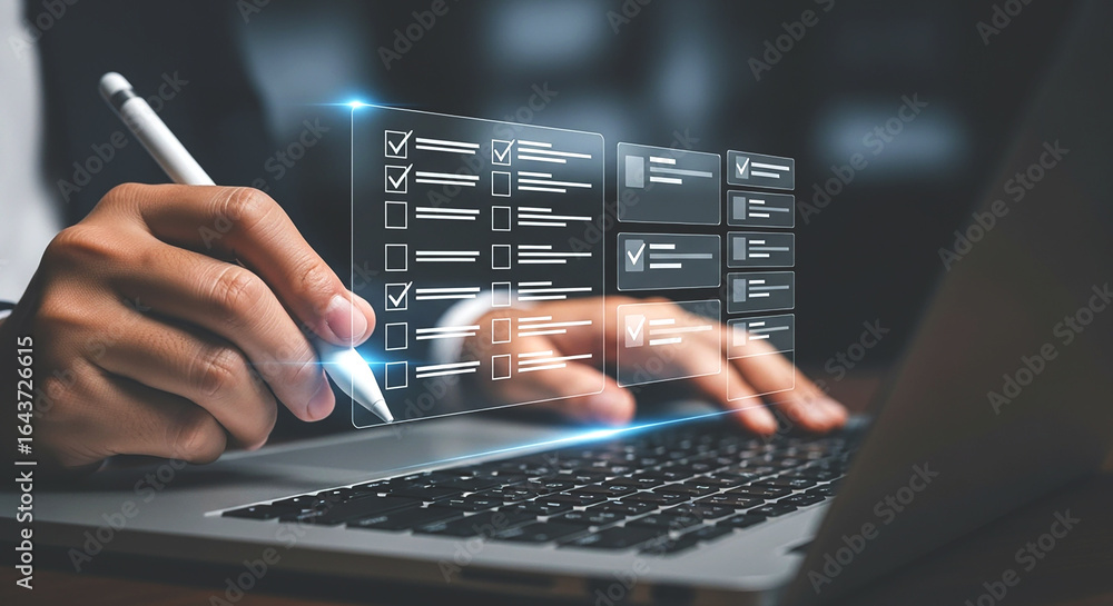 Aufkleber person using stylus on laptop with digital checklist interface and checkmarks displayed on screen