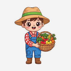 A cartoon farmer proudly holding a basket filled with fresh, colorful vegetables.