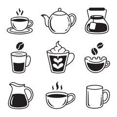 Obraz premium Assorted black and white beverage containers and mugs vector drawing icon set