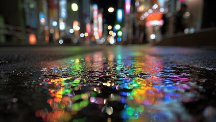 Night city street puddle reflecting vibrant lights