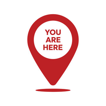 Red you are here map pointer icon, location pin, navigation symbol, gps marker, destination graphic, isolated vector
