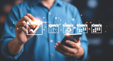 Man using smartphone with calendar icons for scheduling and task management in a digital environment