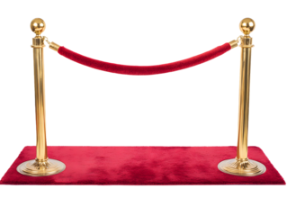 Elegant gold stanchions with red velvet rope and carpet for vip access isolated on transparent background