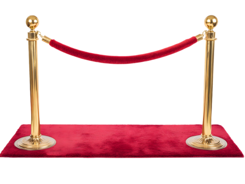 Elegant gold stanchions with red velvet rope and carpet for vip access isolated on transparent background