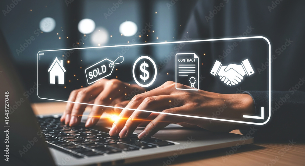 Aufkleber hands typing on a laptop with real estate icons floating above the keyboard in a dark setting