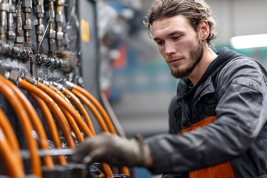 Industrial worker checking hydraulic system in factory