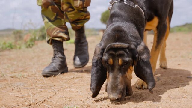 Close-up gimbal tracking of a Bloodhound Dog (Canis lupus familiaris) head and feet walking on brown soil at midday in Kenya