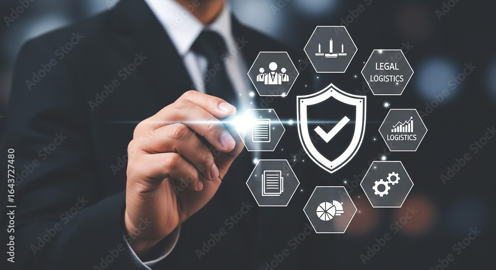 Aufkleber a man in a suit interacting with a digital interface displaying various business related icons
