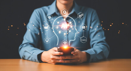 Person using smartphone with ai head graphic and connected icons on a dark background surface