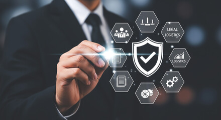 A man in a suit interacting with a digital interface displaying various business related icons