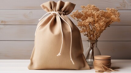 Burlap sack with dried flowers and wooden box on white surface