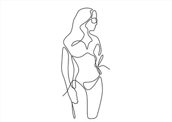 Continuous line art or one line drawing of a girl on the beach. Summer holiday happiness of carefree joyful woman, Summer postcard  girl in a swimsuit.Hand drawn one line vector. Editable stroke