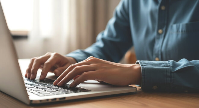 Close up of hands typing on a laptop keyboard with a blue shirt in a brightly lit room setting