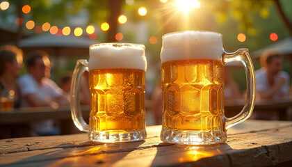 Refreshing moments with frosty beer mugs at golden hour outdoors. Food and drinks. 