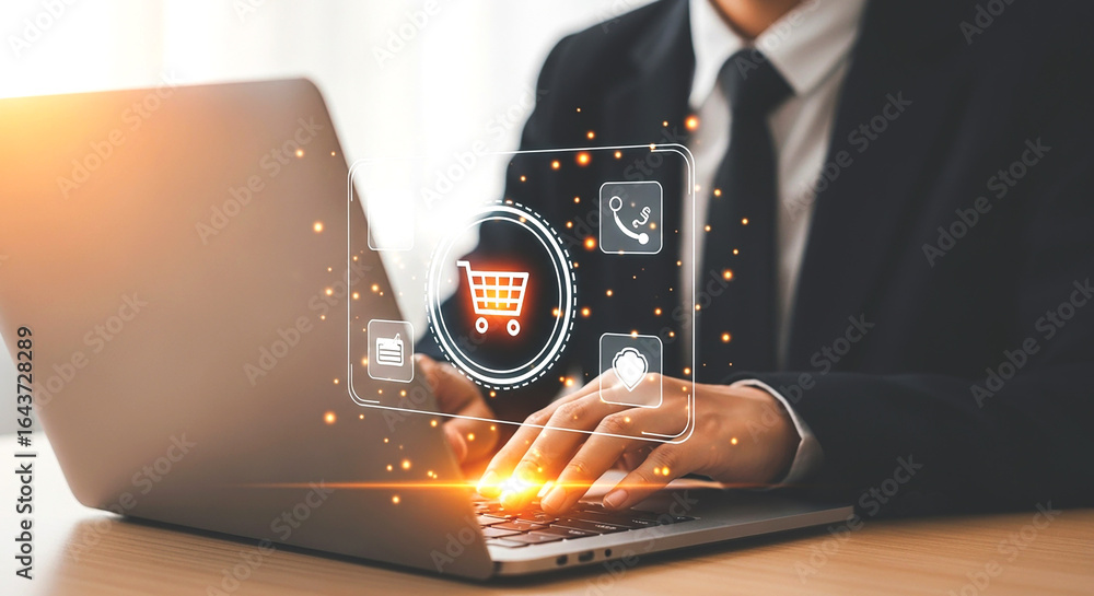Aufkleber man in suit typing on laptop with e commerce icons hovering above keyboard showing online shopping