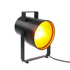 Photo of cylindrical black metal spotlight with a round lens isolated on transparent background