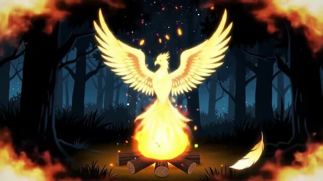 Luminous golden embers transforming into fiery phoenix rising dramatically from crackling bonfire, emerging through dark forest shadows with mythical rebirth symbolism