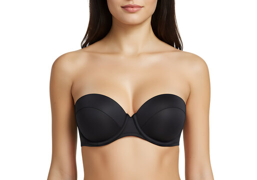 Black strapless balconette bra on woman isolated on a transparent background black bra