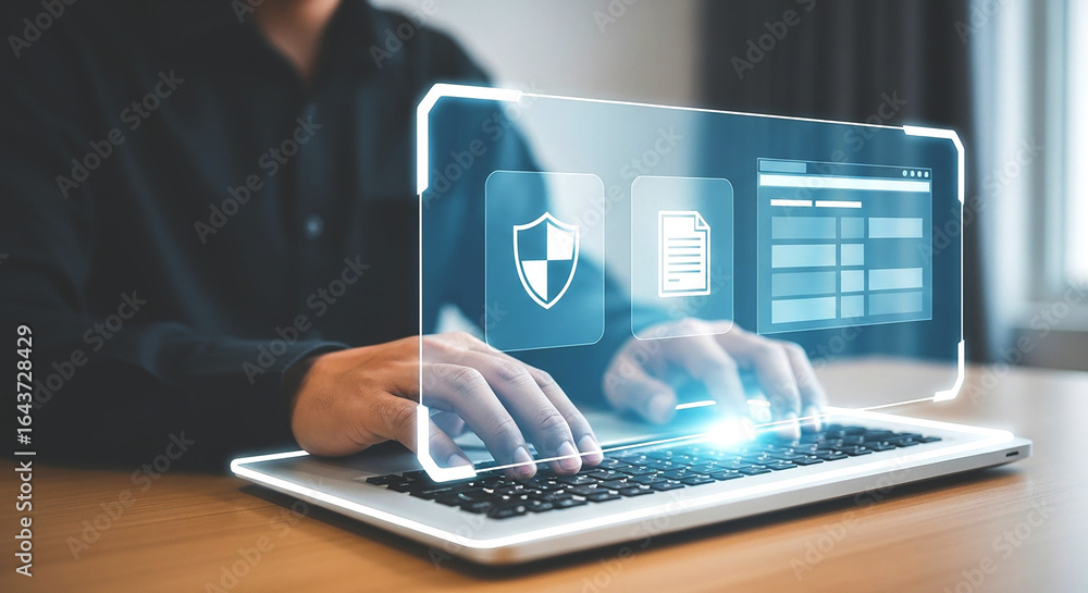 Aufkleber person typing on laptop with digital security and file icons displayed on transparent screen overlay